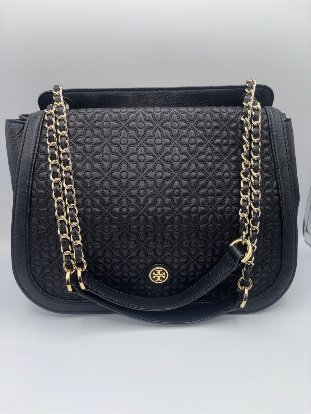 Tory Burch Black Quilted & Pebble Leather Chain-Handle Bag with Gold Hardware